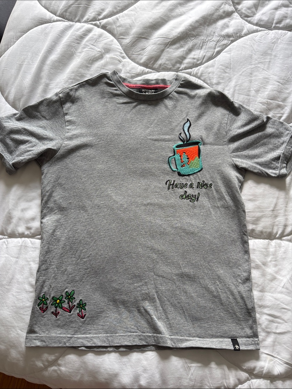 Gray Graphic Tee with Embroidered Coffee Mug